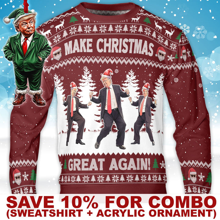 Make Christmas Great Again, Funny Trump Dancing Ugly Sweater, Trump 2024 Christmas All-Over-Printed Sweatshirt C1383 - GOP